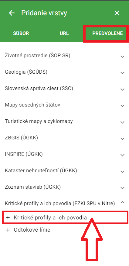 Mapová služba Kritické profily a ich povodia v aplikácii MAPKA