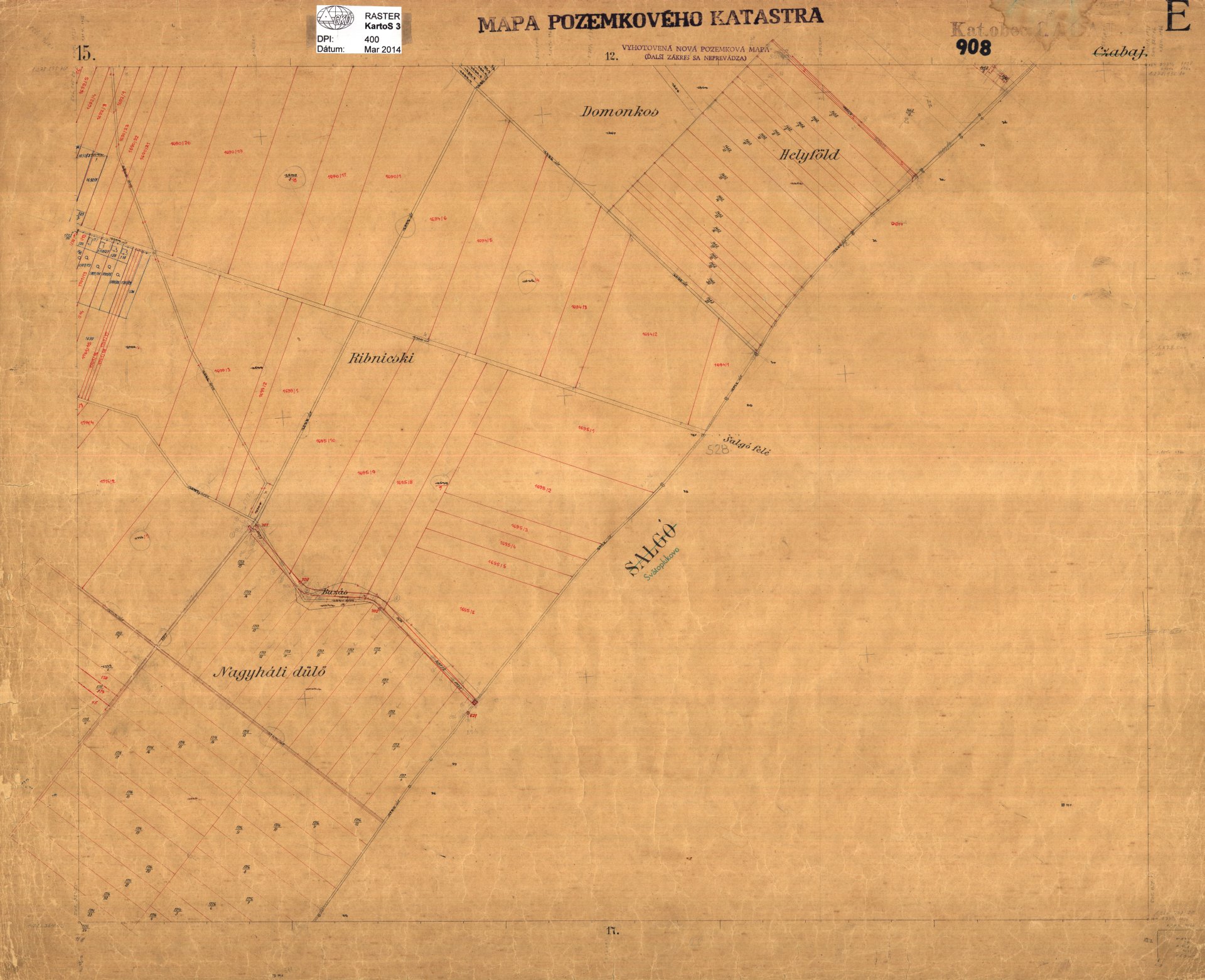 Farebný raster mapy určeného operátu z okresnej dokumentácie Nitra, k.ú. Cabaj ML č. 15