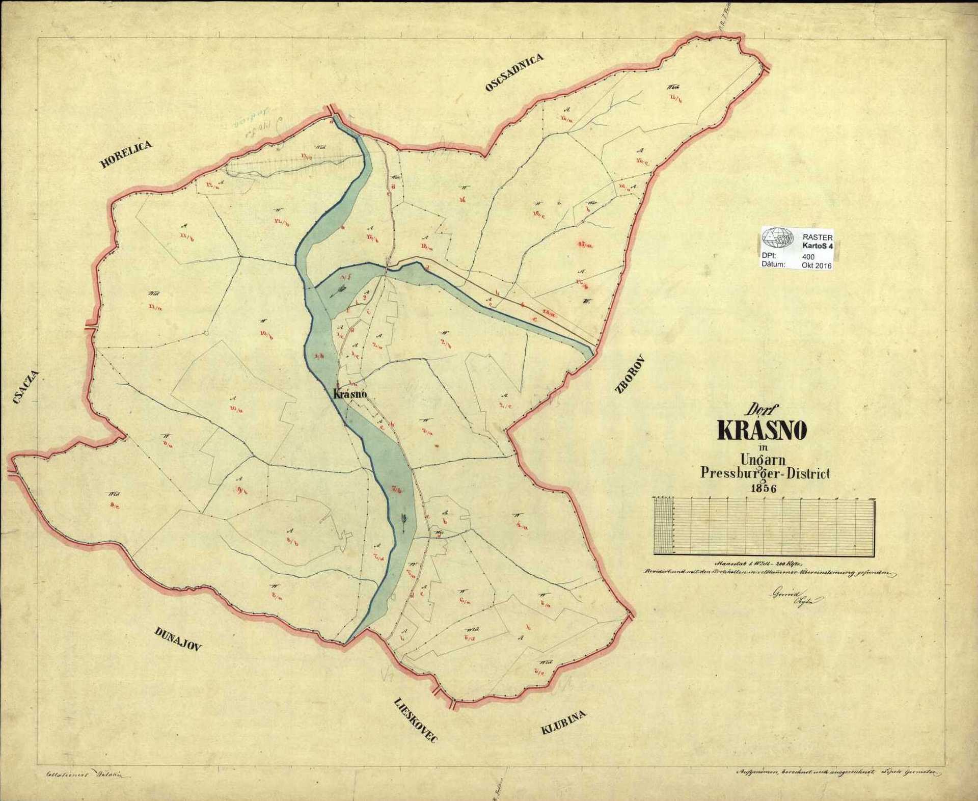 Farebný raster konkretuálnej mapy z ÚAGK, okres Čadca, k.ú. Krásno Nad Kysucou z roku 1856