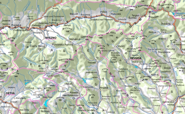 Ukážka Základnej mapy SR 1 : 500 000, variant s tieňovaným terénom